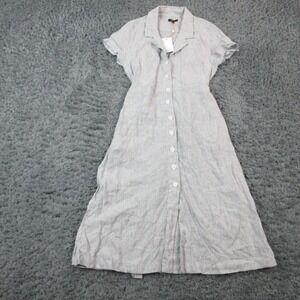 Quince Dress Womens M Blue Linen Shirt Dress Midi Collared Striped Belted NWT